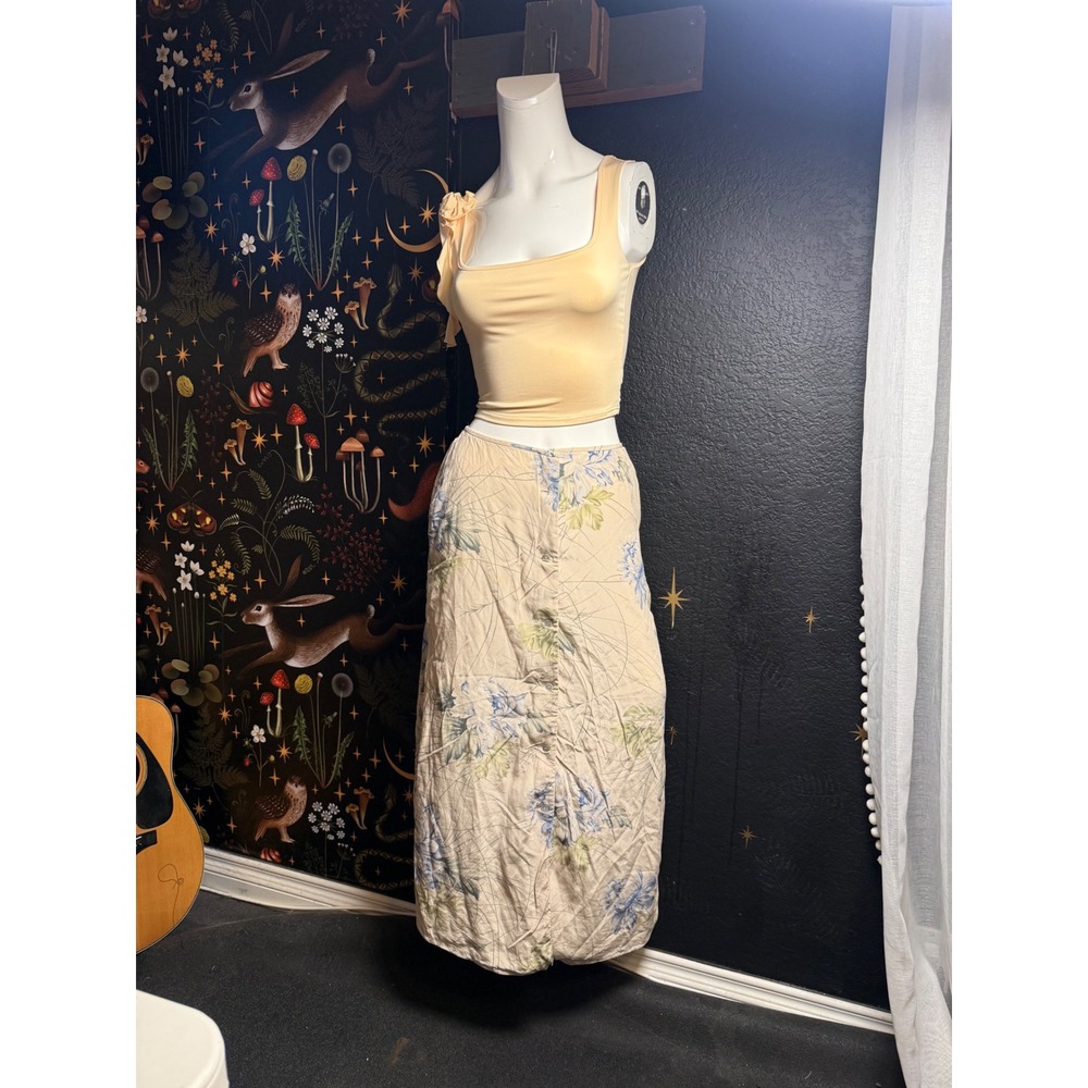 Linda Allard Ellen Tracy Silk Floral Maxi Skirt Beige Blue Button Front Size 4